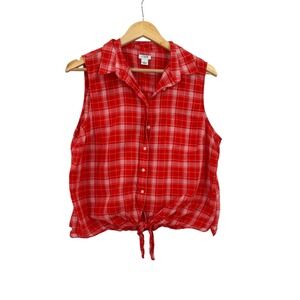 J.Crew Shirt Women's XL Orange Plaid Tie Front Relaxed Casual Western Outdoors‎